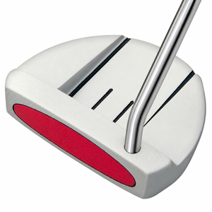Heater F-35 white mallet putter with single bend shaft, angled view showing the red face insert and alignment lines