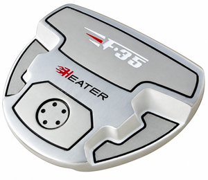 Heater F-35 putter sole at an angle, showing the stepped silver sole design and weight port