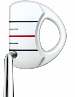 Heater III Belly putter from above at address with single bend shaft, two black sight lines and rear hole