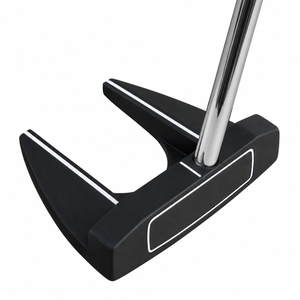 Integra center shaft dual fang putter at a front angle, showing the matte black head and white sight lines