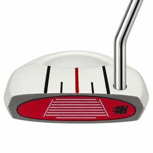 Heater III white mallet putter at a front angle with single bend shaft and red face insert