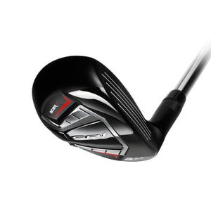 Acer SR1 hybrid clubhead seen at an angle from the heel, showing the black crown, red sole accents and grooved face