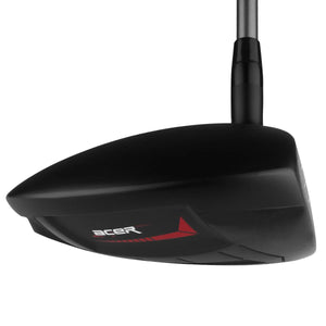 Acer SR1 mini driver clubhead viewed in profile from the toe, showing the shallow matte black head and SR1 branding