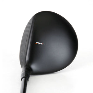 Acer XV fairway wood crown viewed from above at address, a matte black pear shape with small branding