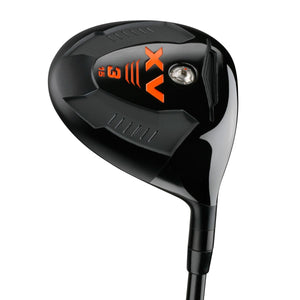 Acer XV fairway wood sole in black and silver with a large orange XV logo