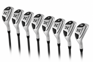 Full set of Ashton X-Launch hybrid iron heads lined up in order, showing the progression from the long hybrid irons through the short irons.