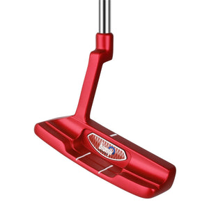 Bionik 101 Nano blade putter head in red viewed at address, showing the Bionik badge on the flange