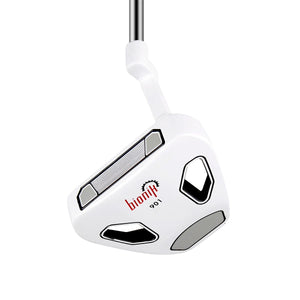 Bionik 901 mallet putter sole in white with Bionik branding and two round weight ports