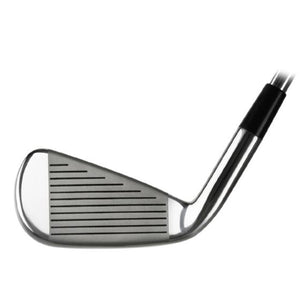 Dynacraft driving iron clubhead shown face-on, with a satin chrome finish and a grooved hitting face