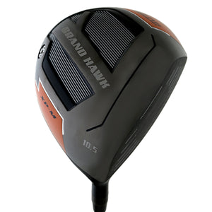 Grand Hawk XP-M driver head, sole view, showing the black and grey sole with orange accents and the Grand Hawk badge.
