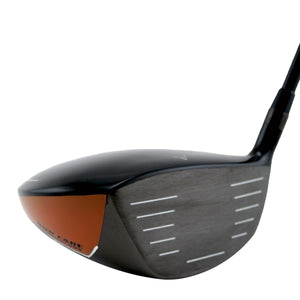 Grand Hawk XP-M driver head, toe view, showing the navy crown meeting the grey and orange sole from the toe side.