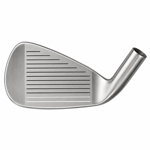 Heater B8 iron clubhead shown face-on at address, with a satin finish and a grooved hitting face