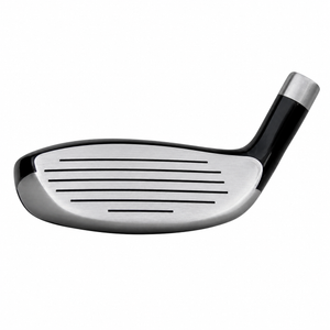 Heater F-47 hybrid clubhead shown face-on, with a grooved silver hitting face and a dark crown