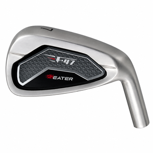 Heater F-47 cavity-back iron clubhead viewed from behind, with a satin frame around a black cavity insert carrying red Heater branding and an F-47 badge