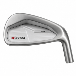 Heater H-9BC iron clubhead viewed from behind, with a brushed satin back carrying red Heater branding and H-9BC lettering