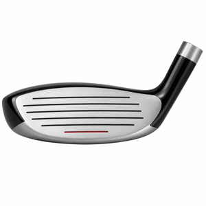 Heater HXi55 hybrid clubhead shown face-on, with a grooved silver hitting face marked by a red alignment line