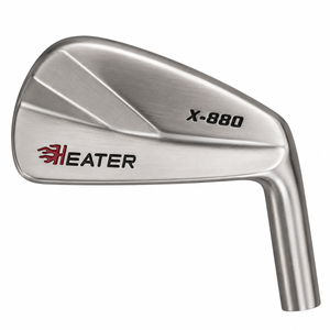 Heater X-880 blade iron clubhead viewed from behind, with a brushed satin muscle back carrying red Heater branding and X-880 lettering