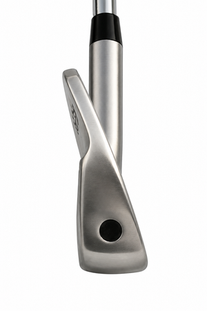 Heater X-880 blade iron head, top-down address view, showing the thin topline with the muscle back behind it.
