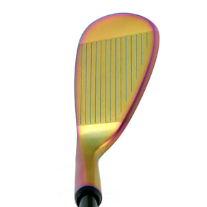 Inazone 3.0 CNC spin wedge head in prismatic rainbow finish, upright face view, showing the full CNC milled spin grooves and the shifting rainbow color across the head.