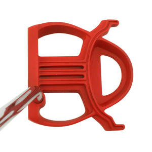 Inazone Modella putter head in red viewed from above at address, showing the three parallel sight lines