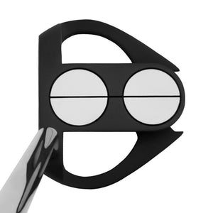 Inazone Sidewinder putter head in black viewed from above at address, showing the dual white alignment circles