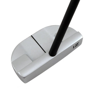 Inazone C87 center shaft mallet putter in satin silver, 3/4 view from behind showing the sight line