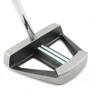 Inazone Hefty mallet putter, 3/4 view from behind showing the open frame and twin white sight lines