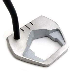 Inazone Marauder winged mallet putter head in brushed silver viewed from above, showing the open center and sight lines