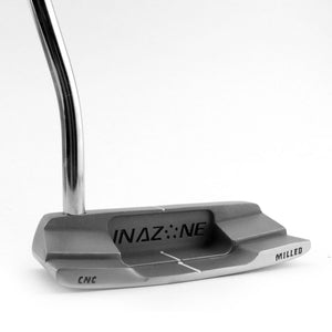 Inazone Wide 1 wide blade putter head in gray viewed at an angle from behind with a chrome shaft, showing the rear cavity and Inazone branding