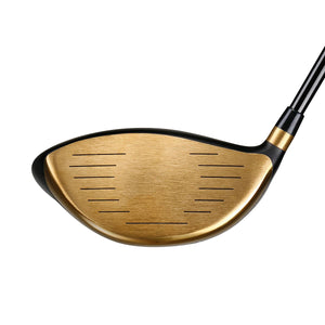 Juggernaut Max Gold driver shown face-on, with a gold grooved hitting face and deep profile