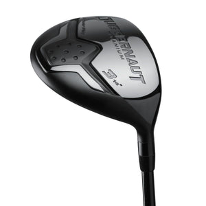 Juggernaut titanium fairway wood seen from the sole and toe, with Juggernaut branding across a black and silver sole