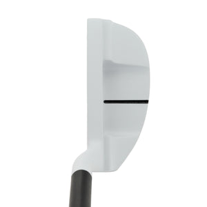 Inazone Mid Mallet putter head in white viewed from above at address, showing the black sight line
