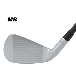 SMT MB-3 forged iron clubhead shown face-on at address, labelled MB, with a chrome finish and a grooved hitting face