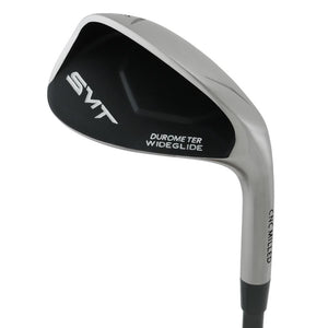 SMT Durometer Wide Glide wedge head in satin finish, back view, showing the black cavity insert with the SMT badge and the wide sole.