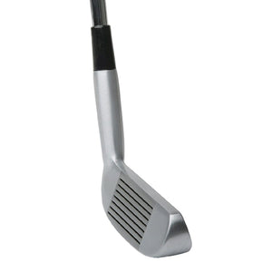 Two-way chipper clubhead shown from the face at an angle, with a satin finish and a grooved hitting face on both sides