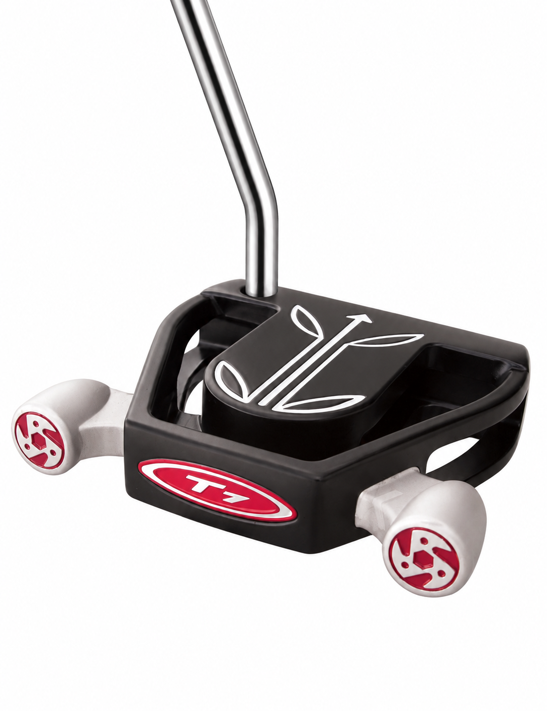 T7 Twin Engine putter in black, rear three-quarter view with twin weight pods and single bend shaft