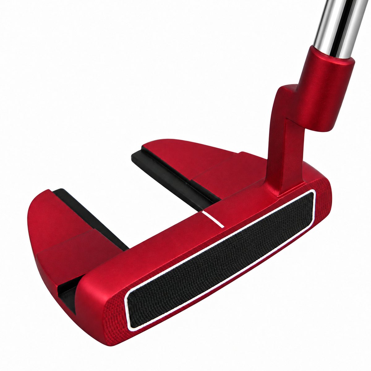 Heater B7 red mallet putter at a front angle with straight shaft, showing the black face insert