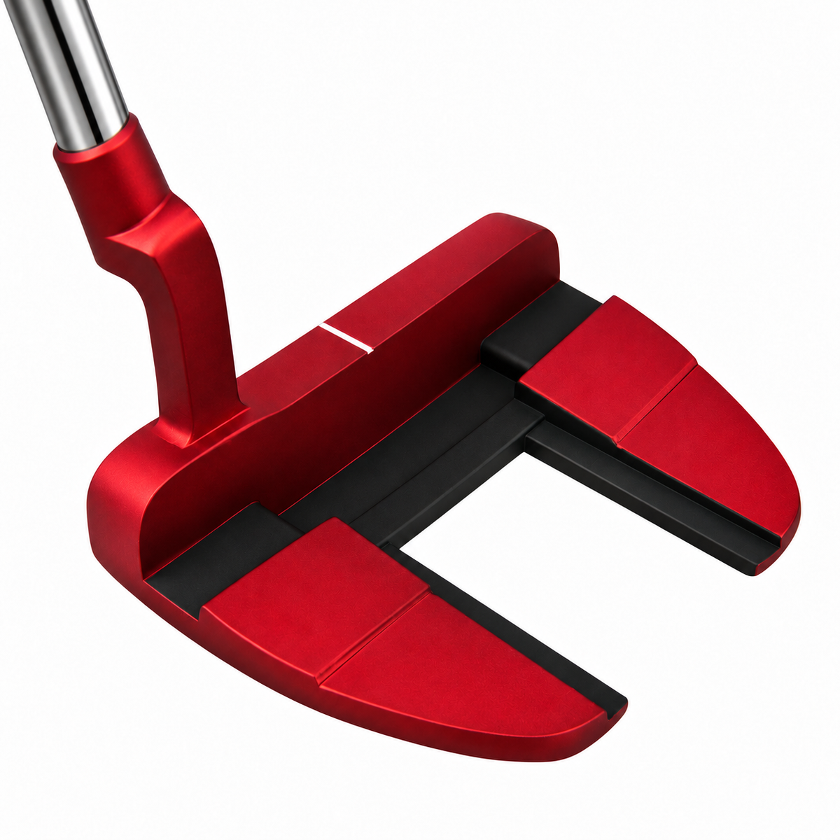 Heater B7 red winged mallet putter with straight shaft, from behind at an angle showing the black alignment wings