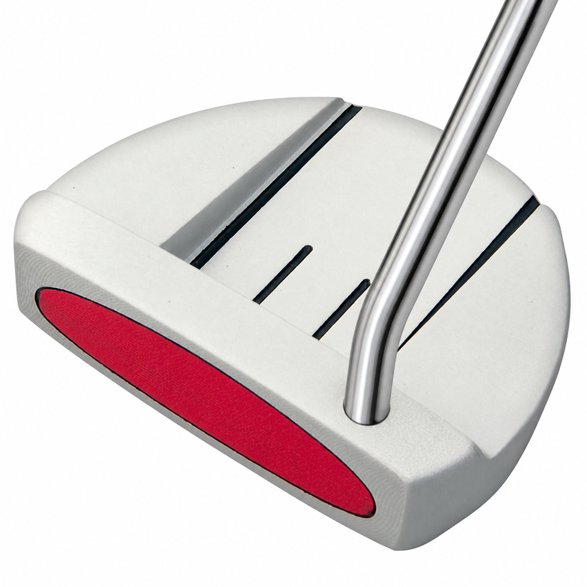 Heater F-35 white mallet putter with single bend shaft, angled view showing the red face insert and alignment lines