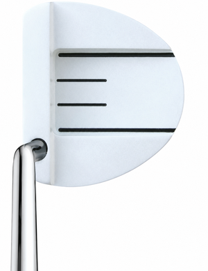 Heater F-35 white mallet putter from above at address with single bend shaft and three black sight lines