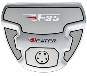 Heater F-35 putter sole in silver and gray with F-35 and Heater logos and center weight port
