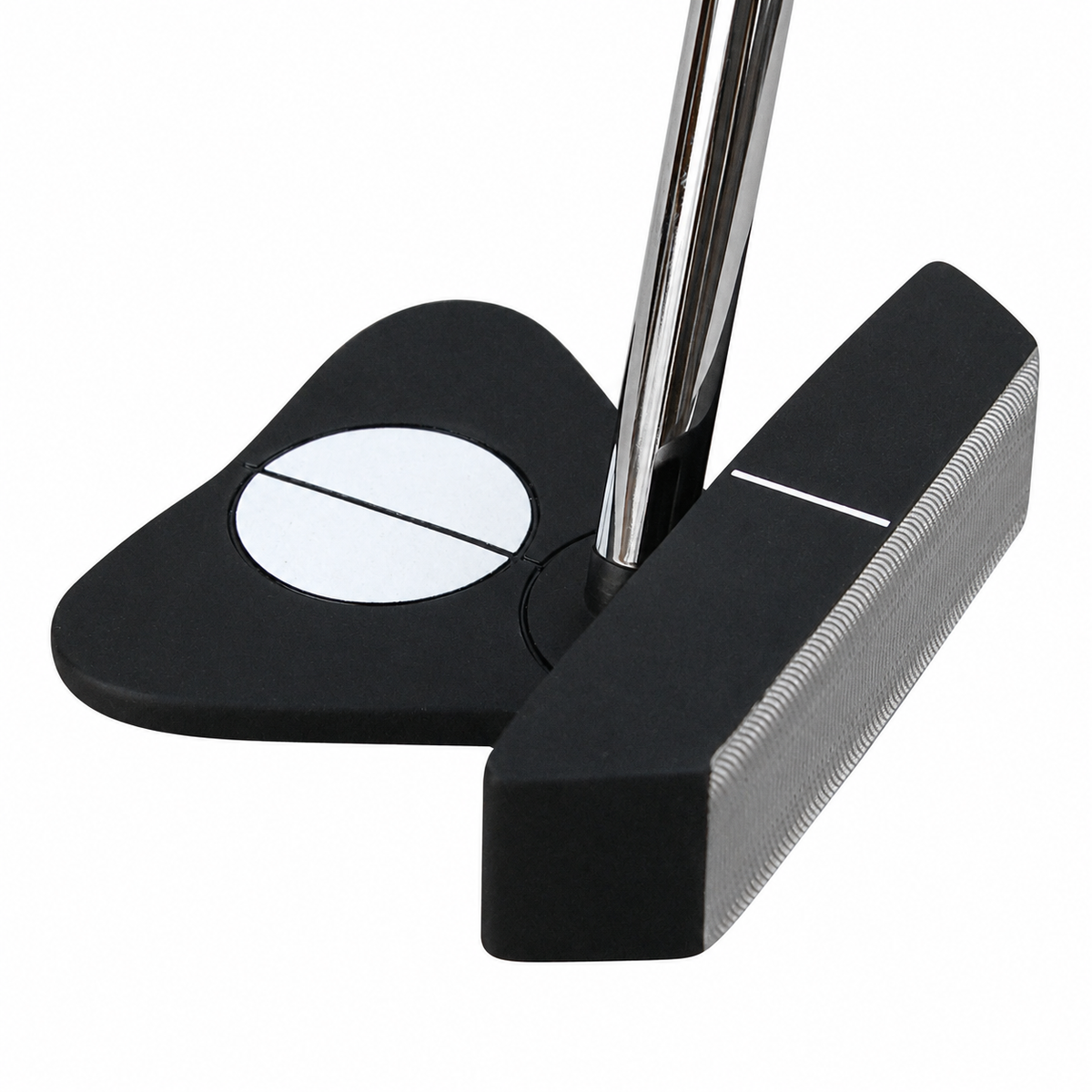 Heater Hi-9 ZT zero torque mallet putter at an angle from the rear, showing the winged matte black head
