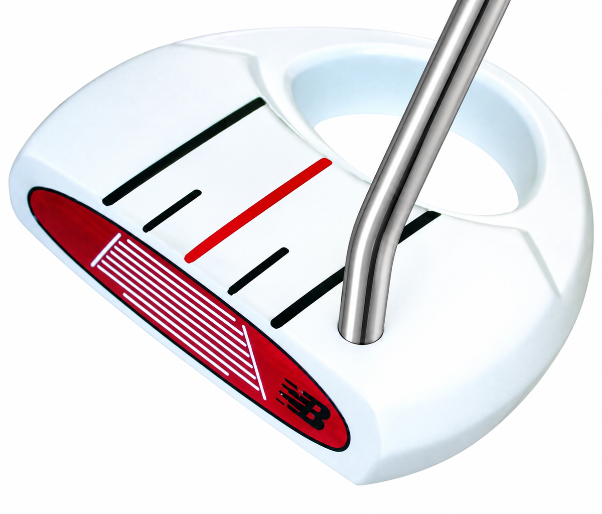 Heater III Belly white mallet putter with single bend shaft, angled view showing sight lines, rear alignment hole and red face
