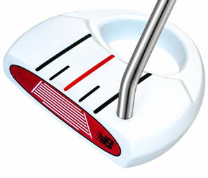Heater III Belly white mallet putter with single bend shaft, angled view showing sight lines, rear alignment hole and red face