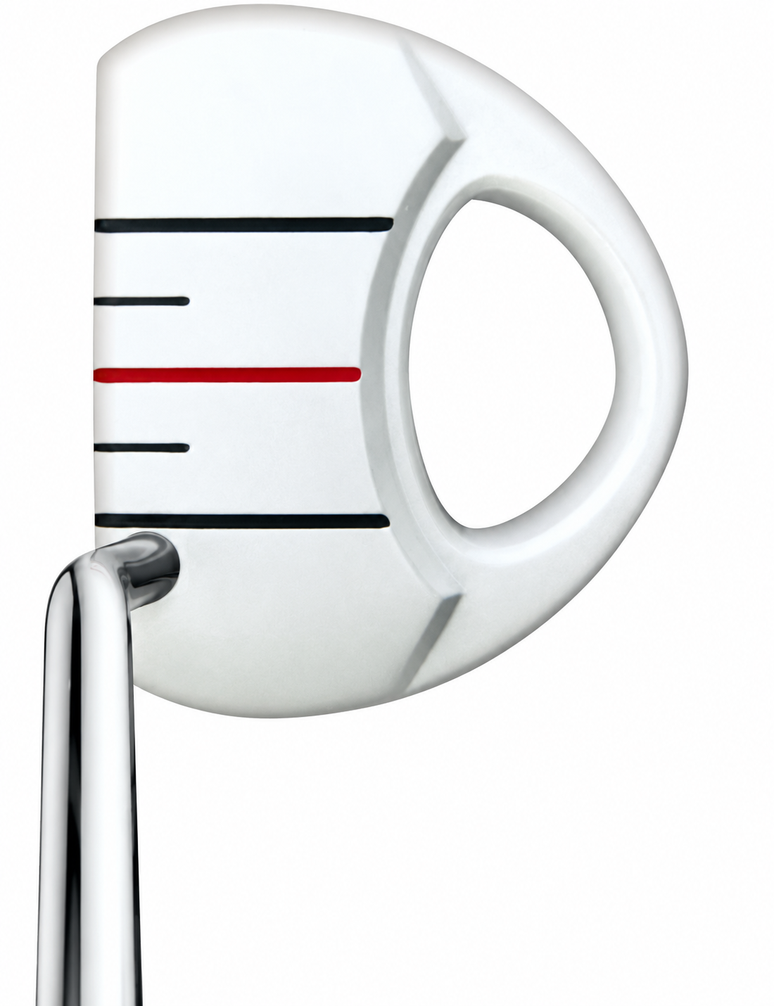 Heater III Belly putter from above at address with single bend shaft, two black sight lines and rear hole