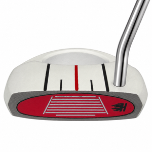 Heater III Belly putter at a front angle with single bend shaft, showing the red milled aluminum face insert