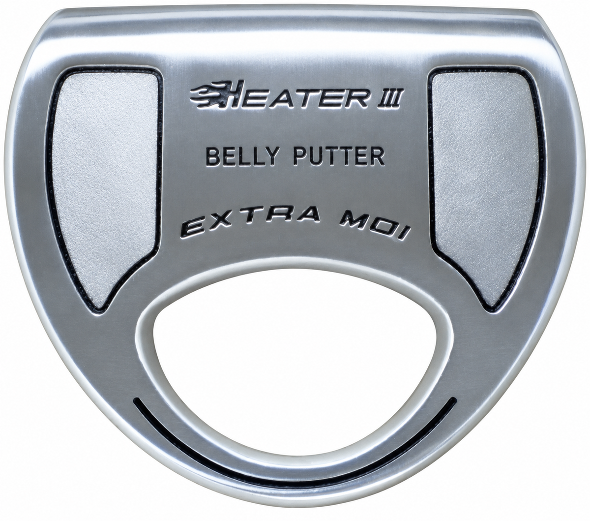 Heater III Belly putter sole in silver with Heater III Belly Putter and Extra MOI markings
