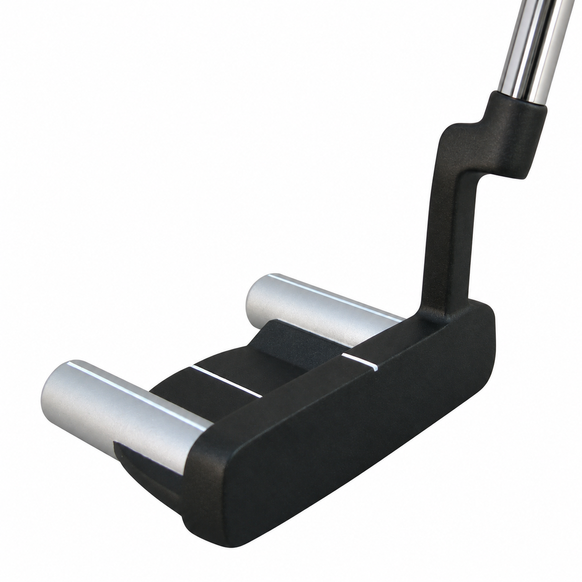 Heater X10 matte black mallet putter at a front angle with plumber's neck and straight shaft