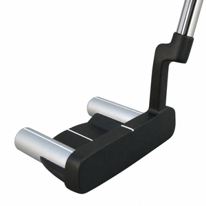 Heater X10 matte black mallet putter at a front angle with plumber's neck and straight shaft