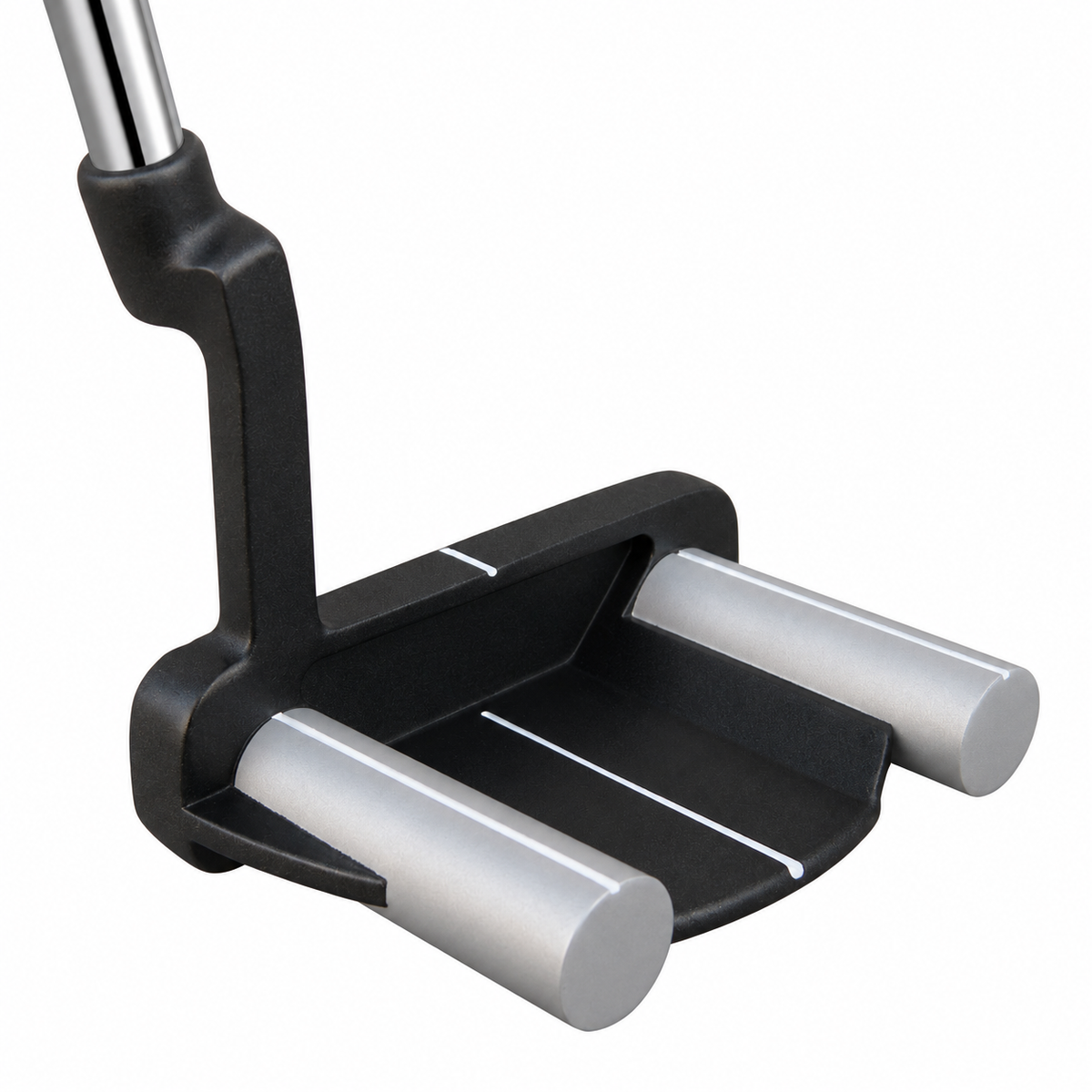 Heater X10 winged mallet putter with straight shaft, angled view from behind showing the silver weighted wings
